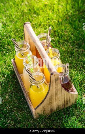 Sortiment von Limonade und Eistee in Flaschen in Holzgestell im Gras Stockfoto