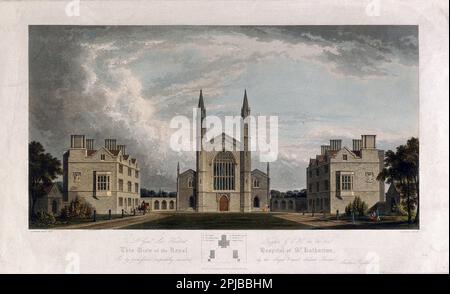 St. Katharine's Hospital, Regents Park, London von der Straße aus gesehen, farbiges Aquatint von R.G Reeve nach Ambrose Poynter 1827 Stockfoto