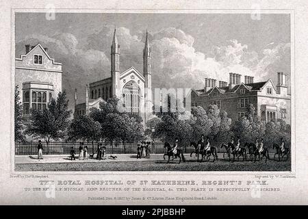 St. Katharine's Hospital, Regents Park, London von der Straße aus gesehen, Gravur von W. Tombleson nach Thomas Hosmer Shepherd von 1827 Stockfoto