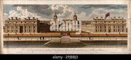 Royal Naval Hospital, Greenwich, die Aussicht auf den Fluss mit dem Queens House und Royal Observatory in der Ferne, viele Menschen laufen herum, von J. Newton nach Thomas Lancey gravieren. c1800. Stockfoto