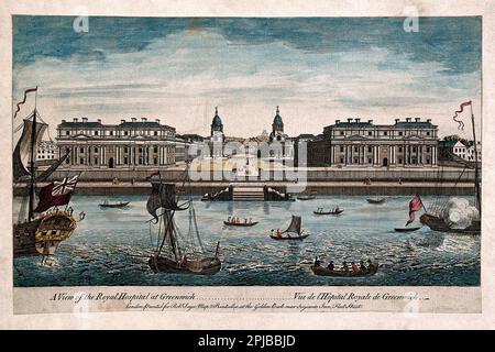 Royal Naval Hospital, Greenwich London, mit Schiffen und Ruderbooten im Vordergrund, farbiger Gravur von T. Bowles 1753 Stockfoto