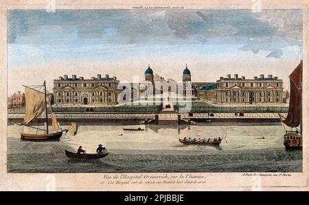 Royal Naval Hospital, Greenwich, mit Schiffen und Ruderbooten im Vordergrund, farbige Gravur von T. Bowles 1753 Stockfoto