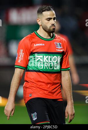 Nijmegen, Niederlande. 01. April 2023. NIJMEGEN, NIEDERLANDE - APRIL 1: Oussama Tannane von NEC während des niederländischen Eredivisie-Spiels zwischen NEC Nijmegen und PSV im Stadion de Goffert am 1. April 2023 in Nijmegen, Niederlande (Foto von Broer van den Boom/Orange Pictures). Kredit: Orange Pics BV/Alamy Live News Stockfoto