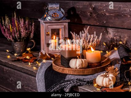 Schöne Herbstterrasse Dekoration mit Kürbissen, Laterne, Pflanzen und Blumen Stockfoto
