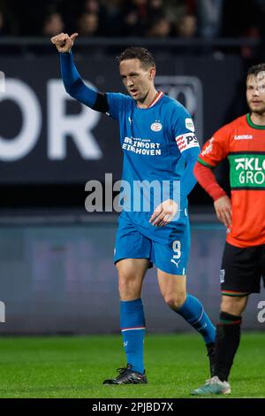 Nijmegen, Niederlande. 01. April 2023. NIJMEGEN, NIEDERLANDE - APRIL 1: Luuk de Jong von PSV während des niederländischen Eredivisie-Spiels zwischen NEC Nijmegen und PSV im Stadion de Goffert am 1. April 2023 in Nijmegen, Niederlande (Foto von Broer van den Boom/Orange Pictures). Kredit: Orange Pics BV/Alamy Live News Stockfoto