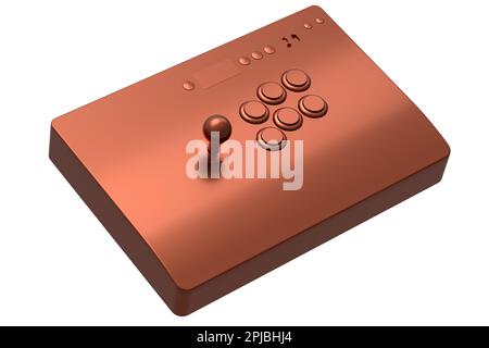 Klassischer Arcade-Stick mit Joystick und Knöpfen in Turnierqualität mit kupferfarbener Chromstruktur auf weißem Hintergrund. 3D-Rendering von Spielautomaten, Streaming Stockfoto