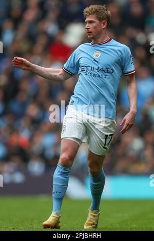 Manchester, Großbritannien. 01. April 2023. Kevin De Bruyne #17 von Manchester City während des Premier League-Spiels Manchester City gegen Liverpool im Etihad Stadium, Manchester, Großbritannien, 1. April 2023 (Foto von Gareth Evans/News Images) in Manchester, Großbritannien, am 4./1. April 2023. (Foto: Gareth Evans/News Images/Sipa USA) Guthaben: SIPA USA/Alamy Live News Stockfoto