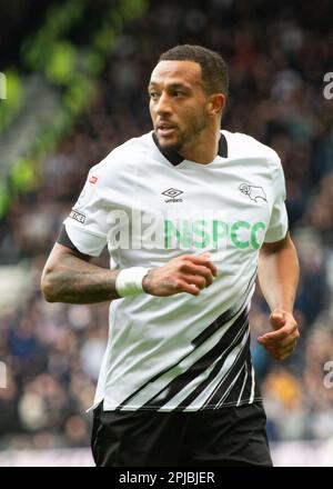 Derby County Football Team gegen Ipswich Town FC am 01. April 2023 im Pride Park Stadium in Derby, Großbritannien. Nathaniel Mendez-Laing (Derby County) im Pride Park Stadium, Derby, Großbritannien Kredit: Mark Dunn/Alamy Live News Stockfoto