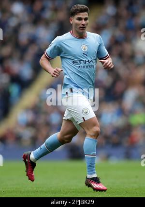 Etihad Stadium, Manchester, Großbritannien. 1. April 2023. Premier League Football, Manchester City gegen Liverpool; Julian Alvarez von Manchester City Credit: Action Plus Sports/Alamy Live News Stockfoto