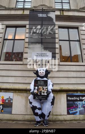 London, Großbritannien. 29. März 2023 Tierschützer mit Antimilchschildern versammelten sich vor der Wellcome Collection bei der Eröffnung der „Milk“-Ausstellung des Museums, die „unsere Beziehung zur Milch und ihren Platz in Politik, Gesellschaft und Kultur erforscht“. Stockfoto