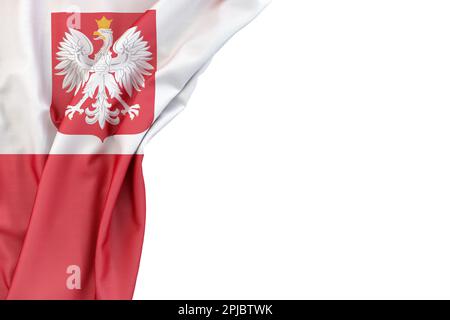 Polnische Flagge mit Wappen in der Ecke auf weißem Hintergrund. 3D-Rendering. Isoliert Stockfoto