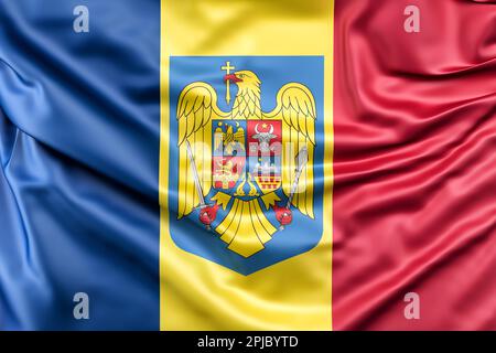 Rumänische Flagge mit Wappen. 3D-Rendering Stockfoto