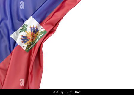 Die Flagge von Haiti an der Ecke auf weißem Hintergrund. Isoliert. 3D-Rendering Stockfoto