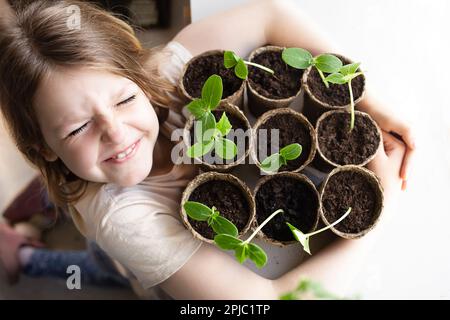 Das süße Mädchen prüft und spielt zu Hause mit Pflanzen auf der Fensterbank. Lernbegriff und Fürsorge. Das Kind schaut auf grüne Pflanzen. Ein Mädchen, das Pflanzen umarmt. Stockfoto