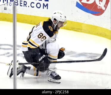 Pittsburgh, Usa. 01. April 2023. Boston Bruins Right Wing David Pastrnak (88) feiert sein Tor im zweiten Zeitraum gegen die Pittsburgh Penguins in der PPG Paints Arena in Pittsburgh am Sonntag, den 1. April 2023. Foto: Archie Carpenter/UPI Credit: UPI/Alamy Live News Stockfoto