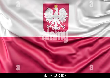 Rüschelflagge von Polen mit Wappen. 3D-Rendering Stockfoto