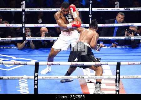 Jermaine Franklin (Bottom) schlägt Anthony Joshua im internationalen Schwergewichtswettbewerb auf der O2 in London. Foto: Samstag, 1. April 2023. Stockfoto