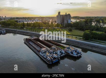 Schiffe auf der Donau nahe Novi Sad, Serbien Stockfoto