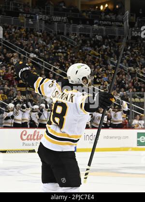 Pittsburgh, Usa. 01. April 2023. Boston Bruins Right Wing David Pastrnak (88) feiert das siegreiche Tor und seinen Hut Trick während der dritten Phase des 4-3-Gewinns gegen die Pittsburgh Penguins in der PPG Paints Arena in Pittsburgh am Samstag, den 1. April 2023. Foto: Archie Carpenter/UPI Credit: UPI/Alamy Live News Stockfoto