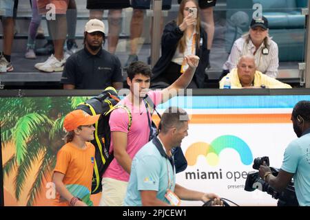 Miami Gardens, Florida, USA. 30. März 2023. März 30 - Miami Gardens: Petra Kvitova (CZE) feiert hier und besiegt Eketerina Alexandrova während des Viertelfinals der Miami Open 2023 von Itau. (Kreditbild: © Andrew Patron/ZUMA Press Wire) NUR REDAKTIONELLE VERWENDUNG! Nicht für den kommerziellen GEBRAUCH! Stockfoto