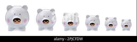 Set mit Sparschweinen verschiedener Größen auf weißem Hintergrund, Bannerdesign. Geld sparen Stockfoto