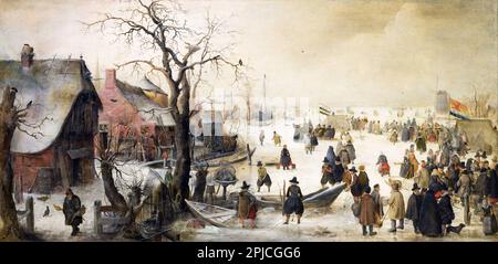 Winterszene auf einem Kanal (1615) , gemalt vom niederländischen Maler Hendrick Avercamp aus dem 16. Jahrhundert. Avercamp war taub und stumm und wurde als „de Stomme van Kampen“ (der stumme Kampen) bekannt. Stockfoto