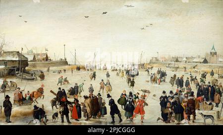 Winterszene auf einem gefrorenen Kanal, gemalt vom niederländischen Maler Hendrick Avercamp aus dem 16. Jahrhundert. Avercamp war taub und stumm und wurde als „de Stomme van Kampen“ (der stumme Kampen) bekannt. Stockfoto