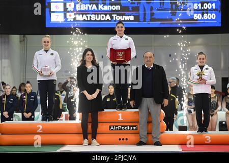 Jesolo, Italien. 01. April 2023. Rundherum: Goldmedaille: Manila Esposito Silbermedaille: Alice D'Amato Bronze Medaille: Angela Andreoli während des künstlerischen Turnens - Jesolo Trophy, Gymnastik in Jesolo, Italien, April 01 2023 Kredit: Unabhängige Fotoagentur/Alamy Live News Stockfoto