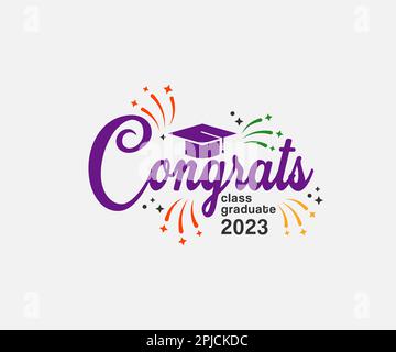 Herzlichen Glückwunsch! Grußzeichen für die Abschlussfeier. Klasse von 2023. Akademische Mütze und Diplom. Vektor-Typografie-Design für Gratulationszeremonie, Invitatio Stock Vektor