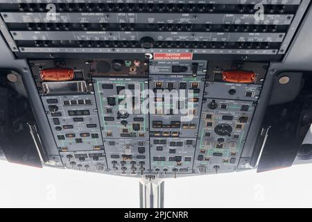 Control panel. Close up focused view of airplane cockpit Stockfoto
