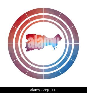 Capri-Emblem. Helles, verlaufendes Logo der Insel in flachem Poly-Stil. Buntes abgerundetes Capri-Schild mit Karte im geometrischen Stil für Ihre Infografiken. Stock Vektor