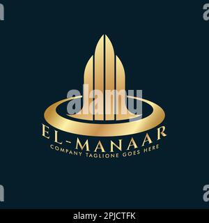 Goldene Wolkenkratzer als Silhouette von Stadtgebäuden. Geschäftsbüro, Business Center, Finanzlogo. Symbol für Corporate Finance Resort-Identität Stock Vektor