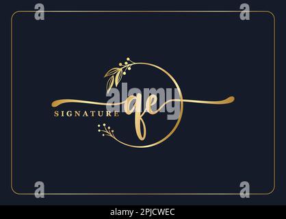 Luxuriöses Gold Signature QE-Logo isoliertes Blatt und Blume Stock Vektor
