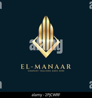 Vorlage für den Designvektor des Immobilienlogos. Goldene Wolkenkratzer als Silhouette von Stadtgebäuden. Geschäftsbüro, Business Center, Finanzlogo. Stock Vektor