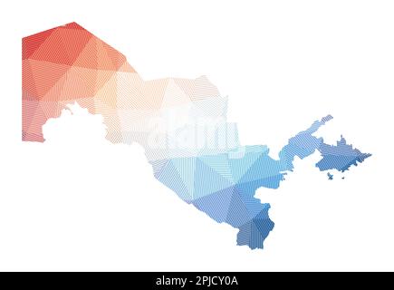Karte von Usbekistan. Abbildung des Landes mit niedrigem Poly. Geometrisches Design mit Streifen. Technologie, Internet, Netzwerkkonzept. Vektorabbildung. Stock Vektor