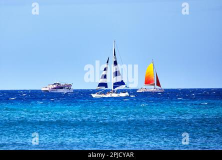 Oahu, Hawaii, USA, - 6. Februar 2023: Walbeobachtungstour Boote auf dem Ozean vor der Küste von Oahu, Hawaii Stockfoto