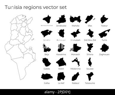 Tunesien Karte mit Formen von Regionen. Leere Vektorkarte des Landes mit Regionen. Grenzen des Landes für Ihre Infografik. Vektorabbildung. Stock Vektor