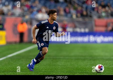 Gillette-Stadion. 1. April 2023. Massachusetts, USA; New England Revolution Defender Brandon Bye (15) sucht nach einem Pass in einem MLS-Spiel zwischen der New England Revolution und dem New York City FC im Gillette Stadium. (c) Burt Granofsky/CSM/Alamy Live News Stockfoto