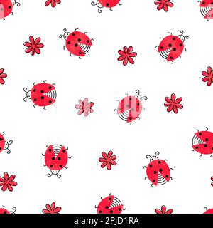 Nahtloses Muster mit niedlichen Marienkäfern und Blumen. Vektorkinder-Hintergrund. Stock Vektor
