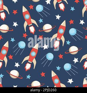 Nahtloses kindliches Raummuster. Vektorhintergrund mit Raketen, Sternen, Planeten. Stock Vektor