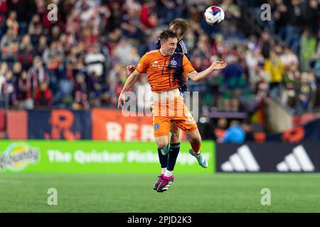 Gillette-Stadion. 1. April 2023. Massachusetts, USA; der New York City FC Forward Gabriel Segal (19) gewinnt den Titel in einem MLS-Spiel zwischen der New England Revolution und dem New York City FC im Gillette Stadium. (c) Burt Granofsky/CSM/Alamy Live News Stockfoto