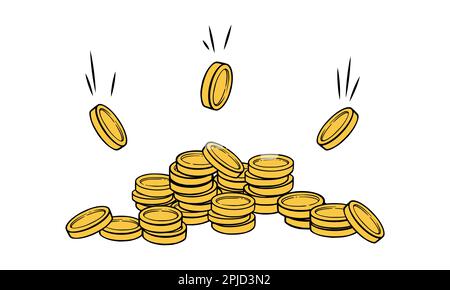 Goldmünzregen. Fallende Goldmünzen, die den wirtschaftlichen Reichtum vergrößern. Vektordarstellung isoliert auf weißem Hintergrund Stock Vektor