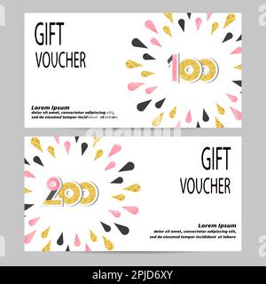 Geschenkgutschein mit goldenen, schwarzen und pinkfarbenen Tropfen. Vektorvorlage für Geschenkgutschein, Gutschein, Flyer, Einladung, Banner. Stock Vektor