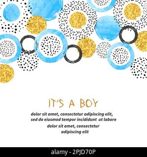 „Baby Shower Boy“-Karte mit abstraktem Blau und glitzernden goldenen Kreisen. Stock Vektor