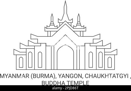 Myanmar Burma, Rangun (Yangon), Chaukhtatgyi, Buddha-Tempel Reise-Wahrzeichen Vektordarstellung Stock Vektor