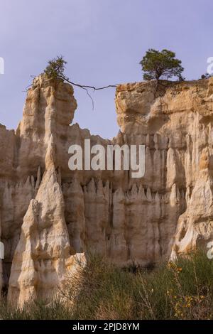 Nahaufnahme der Felsformationen in Ille-sur-Têt. Zwei Bäume oben, ein Baum dient als Brücke im Loch Stockfoto