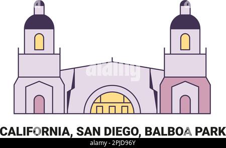 USA, Kalifornien, San Diego, Balboa Park, Reise-Wahrzeichen-Vektordarstellung Stock Vektor