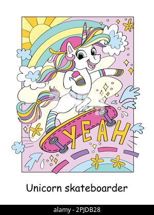 Süßes, glückliches und cooles Einhorn auf einem Skateboard und Schriftzug ja. Farbvektordarstellung für Cartoon-Zeichen. Einhorn-Poster und Bucheinband. Für Karten, Stock Vektor