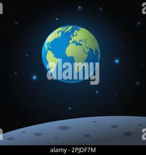 3D flaches Design der Erde von der Mondoberfläche, das ein Astronomie- und Wissenschaftskonzept darstellt. Diese Abbildung eignet sich auch perfekt für Umweltkonzepte Stock Vektor