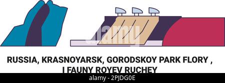 Russland, Krasnojarsk, Gorodskoy Park Flory, I Fauny Royev Ruchey Reise-Wahrzeichen-Vektordarstellung Stock Vektor